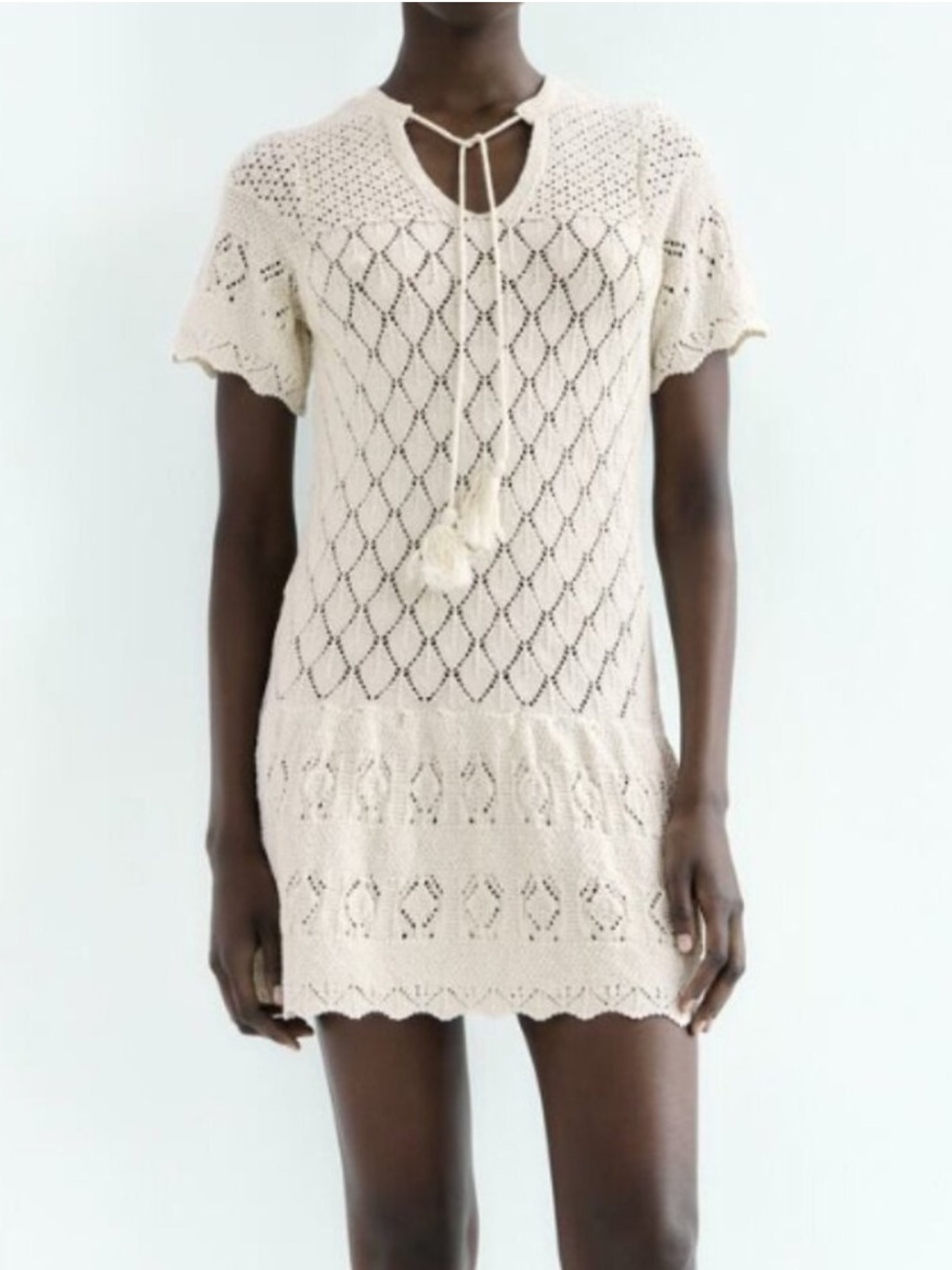 Zara Cream Crochet Knit Tassel Tie Mini Dress. Cottagecore, feminine, boho. M